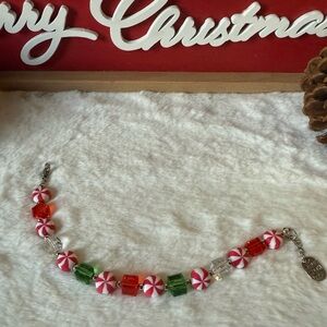 Christmas Bracelet with Red, White, and Clear Square Beads & Peppermint Handmade